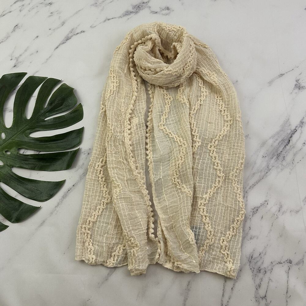 Remi Reid Anthropologie Scarf Wrap Cream Embroidered Texture Sequins Crinkle